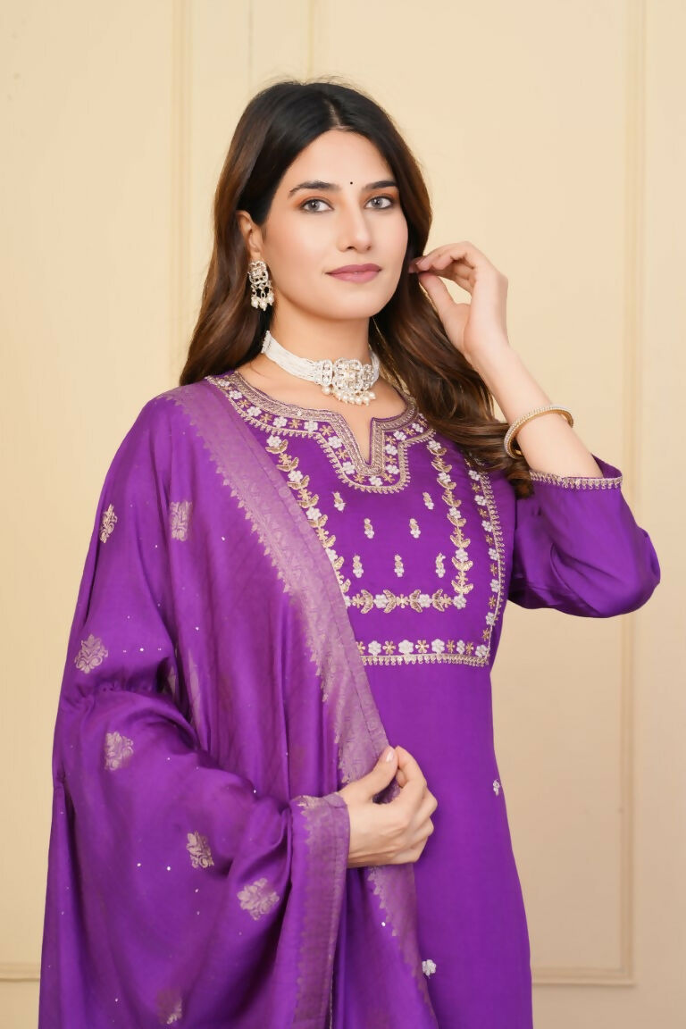 Purple Viscose Chanderi Embroidered Stitched Suit With Dupatta - Tanisha