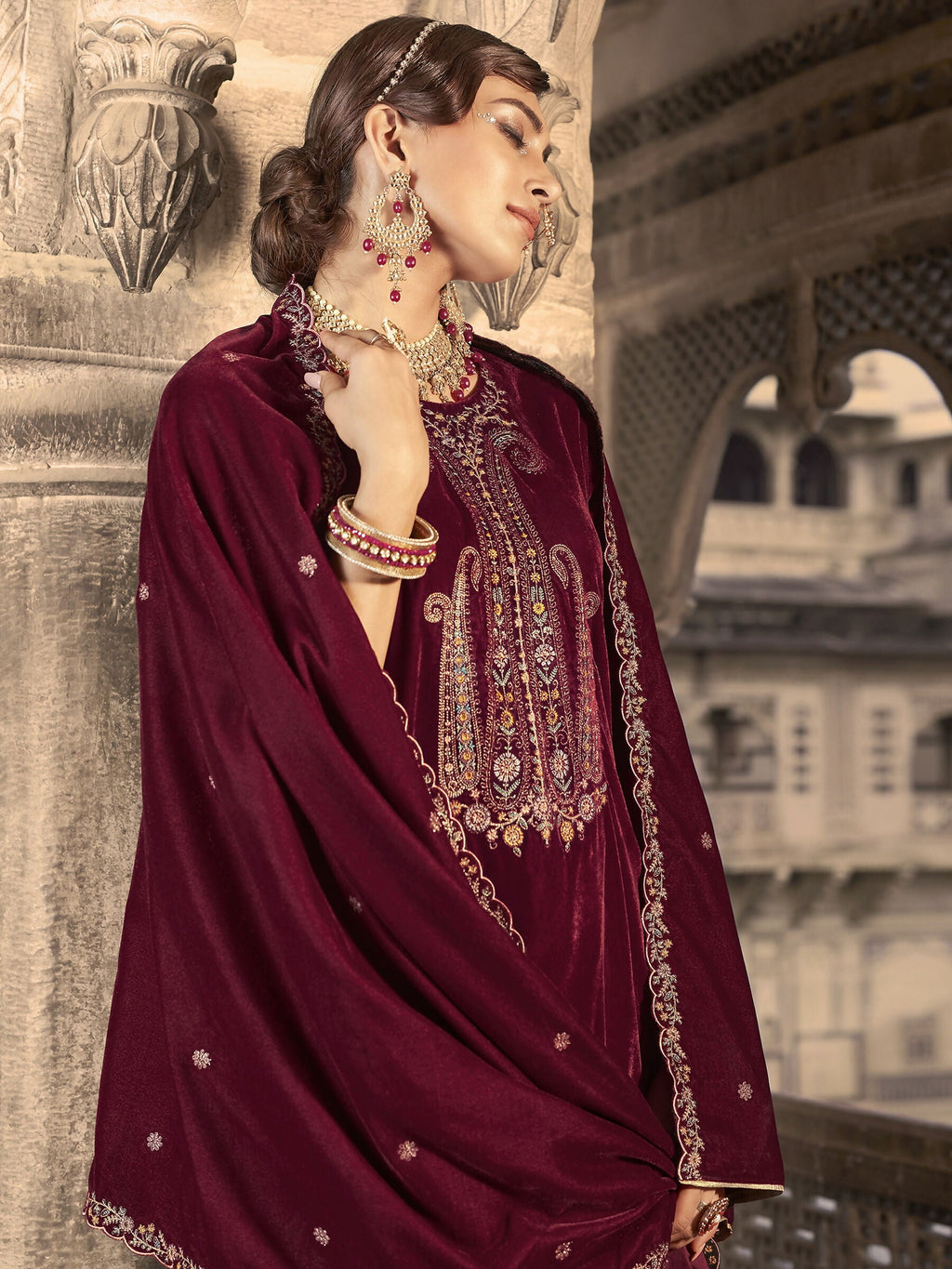Jyoti Fashion Women's Maroon Velvet Floral Resham Thread with Jari work Kurta with Trouser & Dupatta