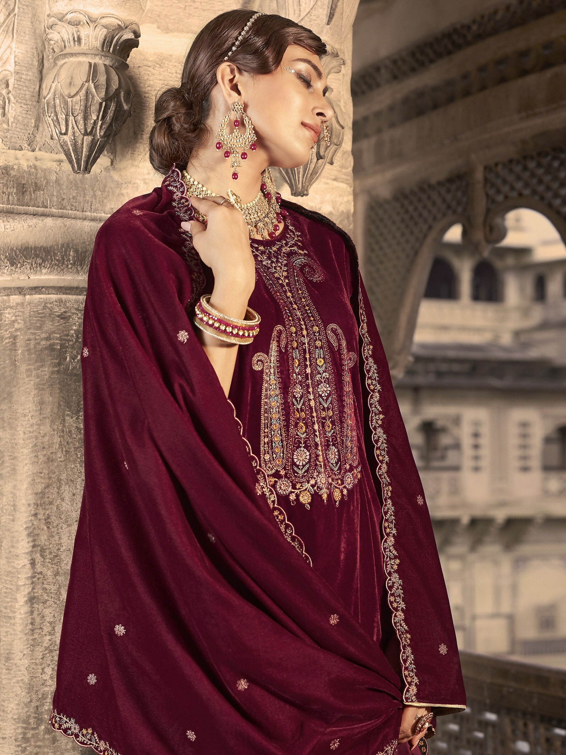 Jyoti Fashion Women's Maroon Velvet Floral Resham Thread with Jari work Kurta with Trouser & Dupatta
