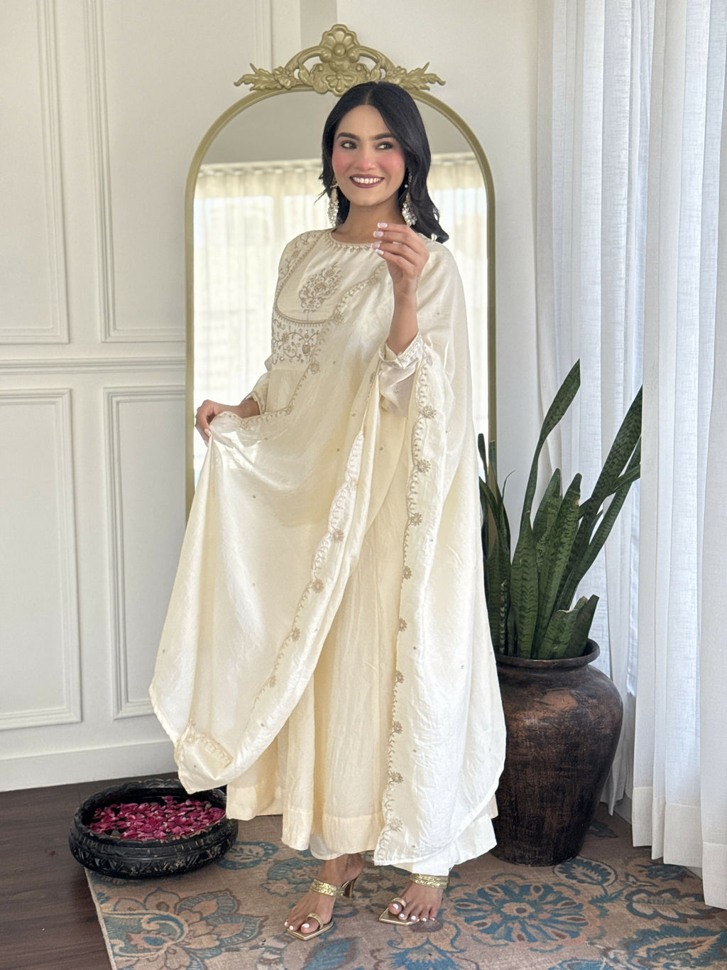 The52 CreamWomen's Gorgeous Embroidered Vichitra Silk Fabric Flared Kurta Pant with Dupatta Set
