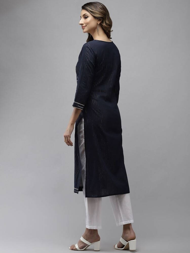 Yufta Women Navy Blue Yoke Design Mirror Work Cotton Kurta