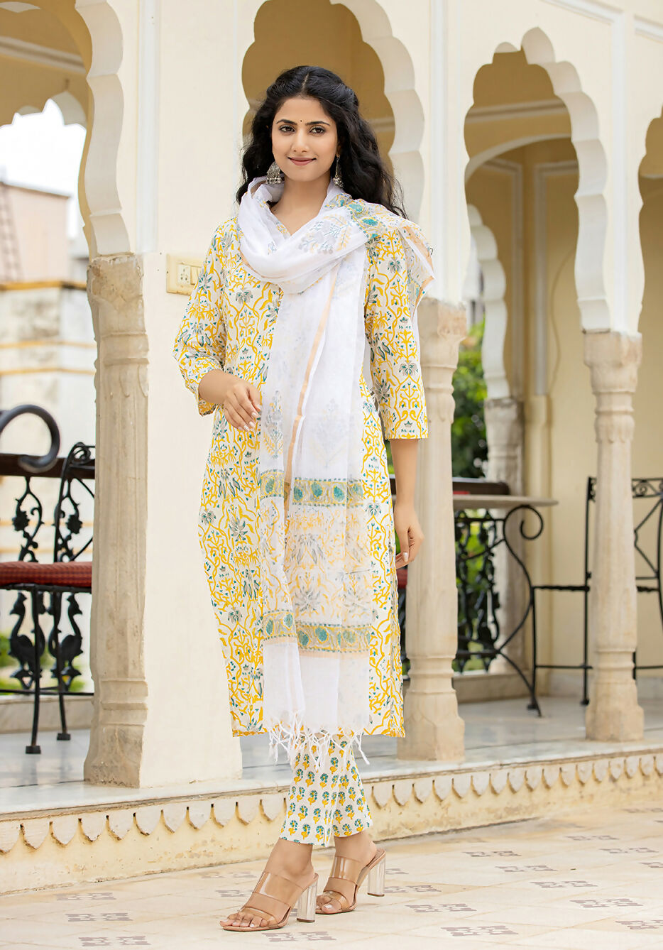 Kaajh Women's Yellow Hand Block Print Suit Set