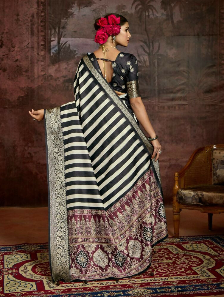 Joban Fashion Black Dola Tussar Silk Self Jacquard Border Saree