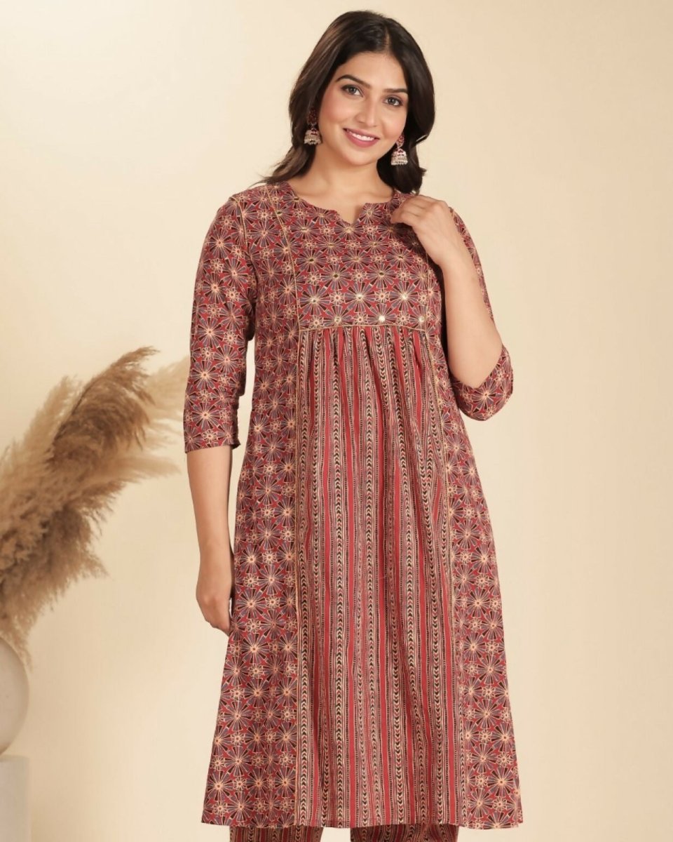 Aramya Red Soft Cotton Geometric Panelled Kurta for Women