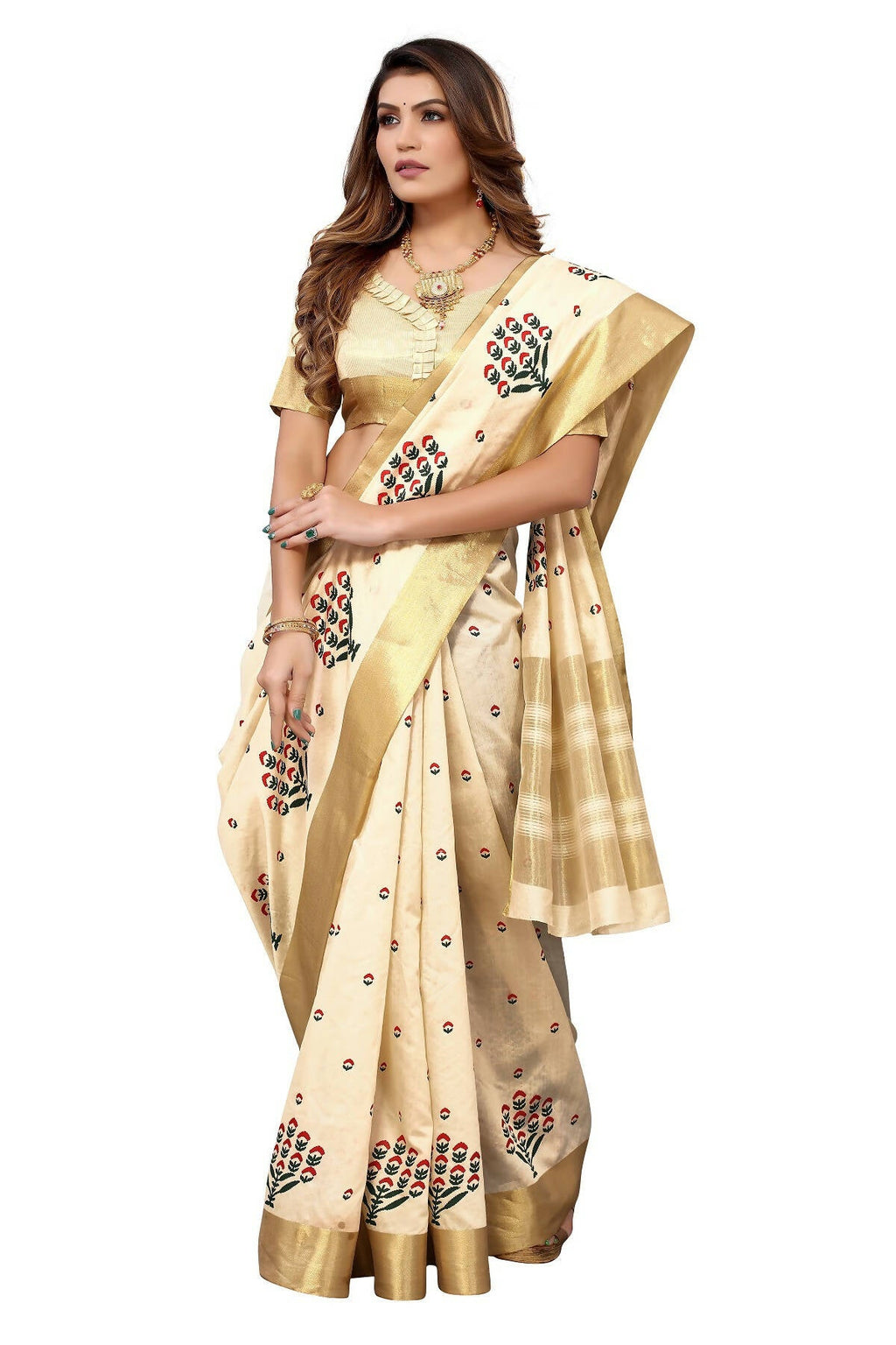 Vamika Cream Weaving Cotton Polyester Silk Saree