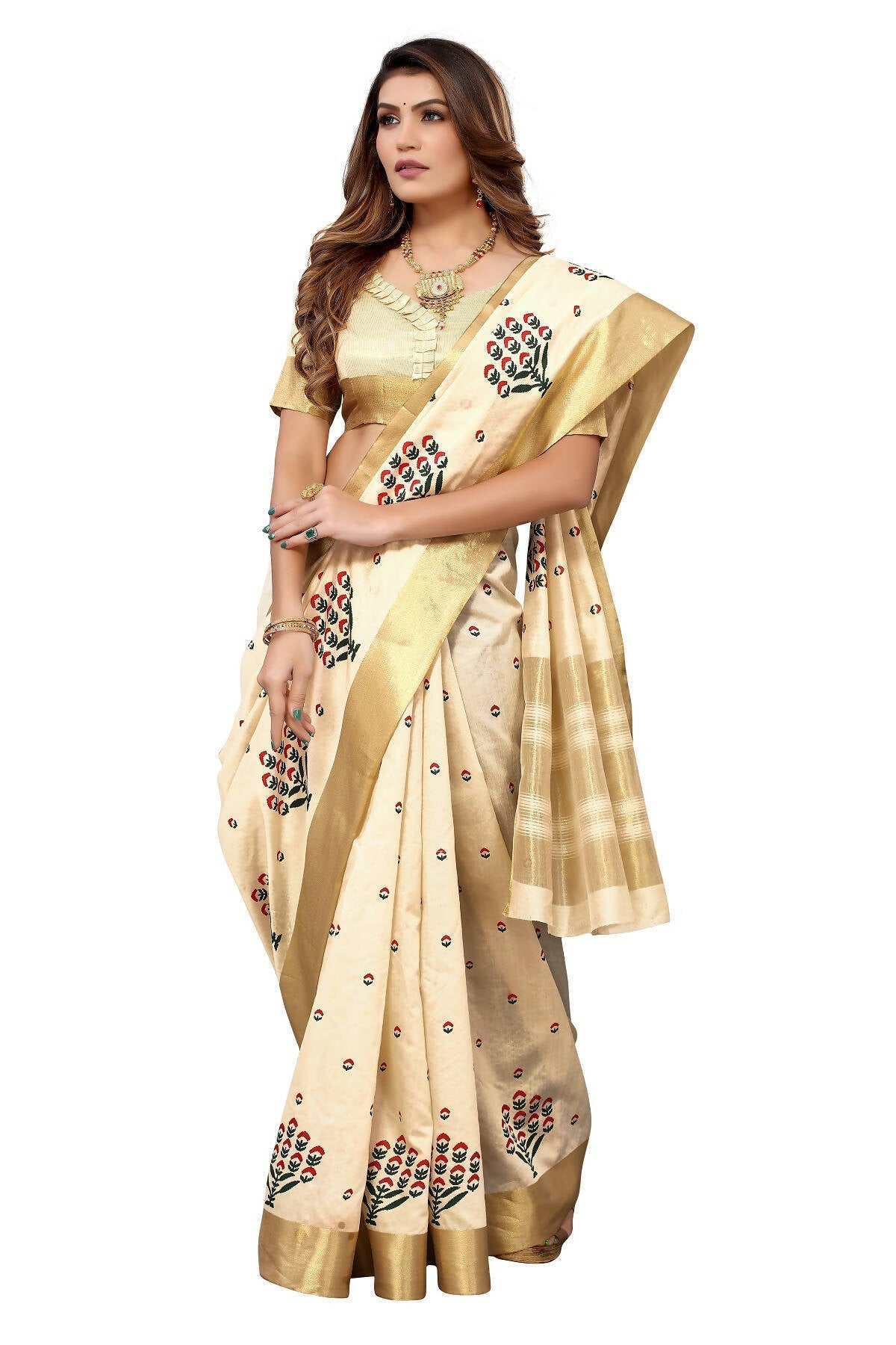 Vamika Cream Weaving Cotton Polyester Silk Saree