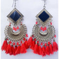 MS Fashion India Latest Trendy Chandbali Red Pearls And Threads Long Mirror Half Moon Silver Tone Earrings