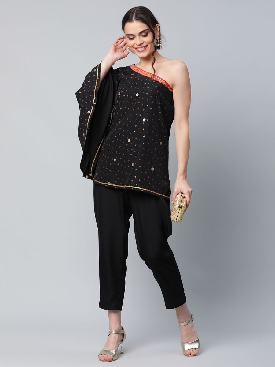 Ahalyaa Women Black Crepe Printed Top with Trouser Set