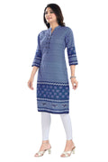 Snehal Creations Indigo Blue Designer Digital Print Cotton Slub Fabric Long Kurti Tunic