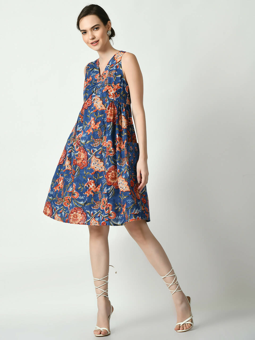 Myshka Women's Blue Floral Printed A-Line Dress