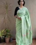 Exclusive Collection Khadi Cotton Handloom Khesh Saree With Blouse Piece - Light Green
