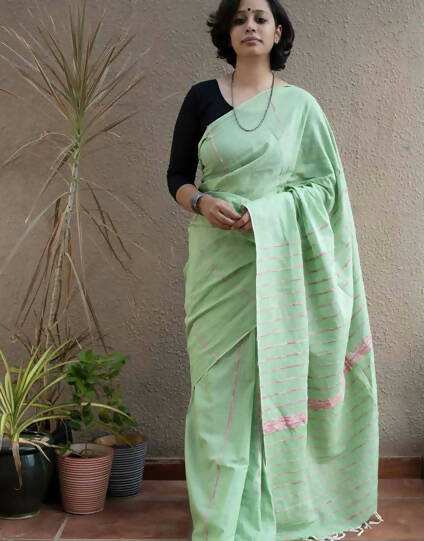 Exclusive Collection Khadi Cotton Handloom Khesh Saree With Blouse Piece - Light Green