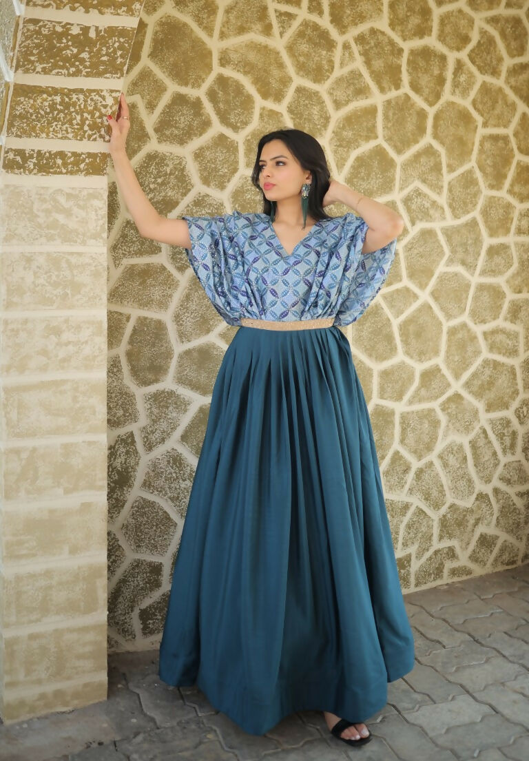Jyoti Fashion Women's Teal Printed with Sequins Chinon Anarkali Dress