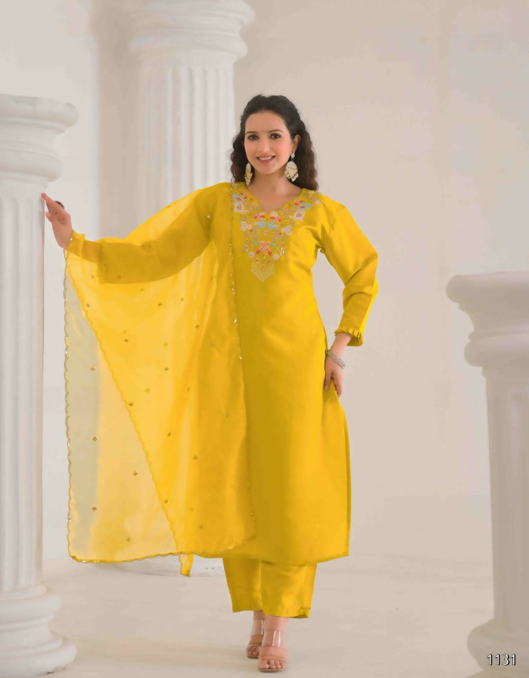 Ethnic Festive Wear Viscose Chanderi Yellow Stitched Suit With Dupatta - Tanisha
