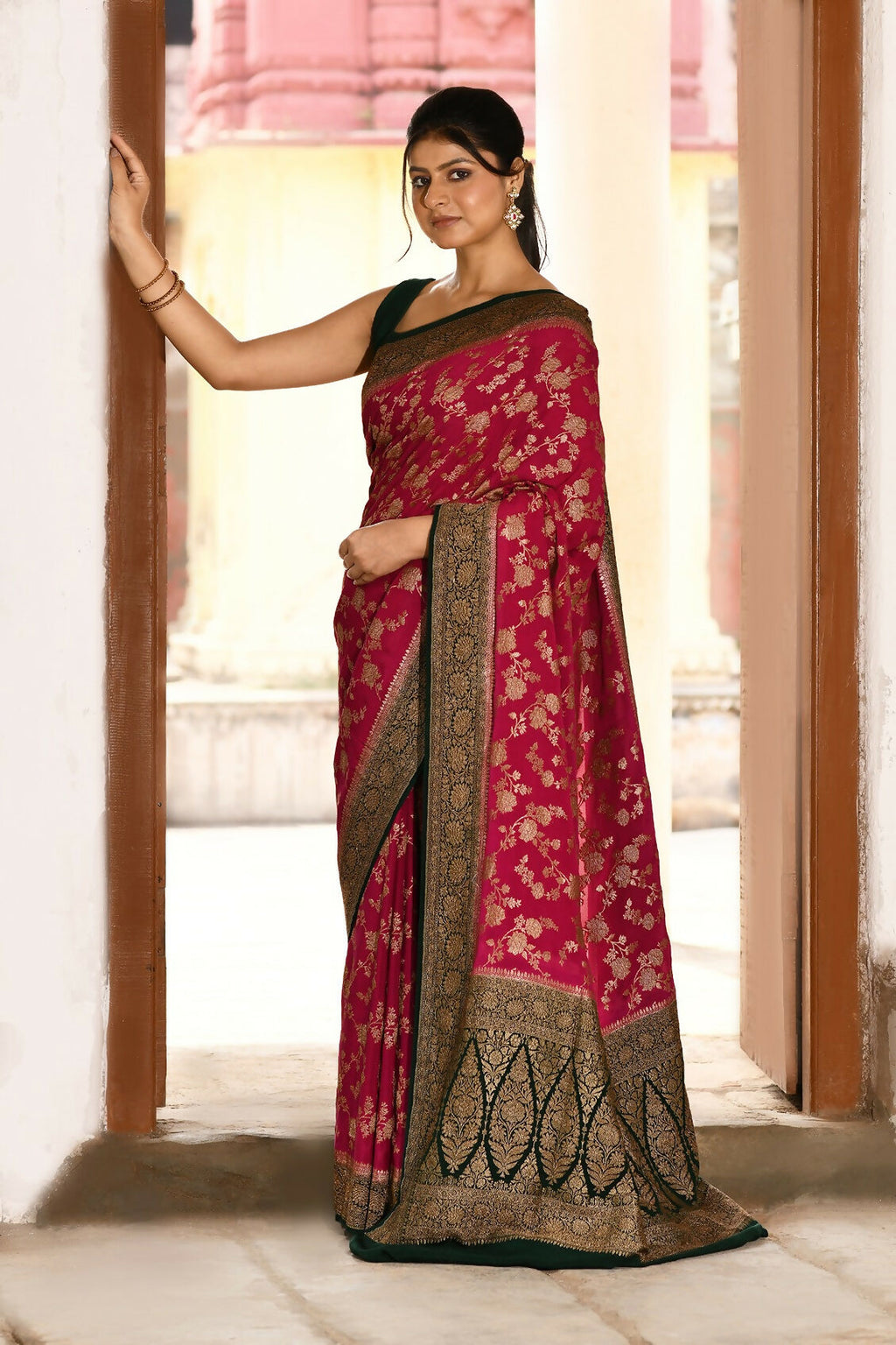 Joban Fashion Hot Pink Crepe Chiffon Pure Handloom Banarasi Silk Saree