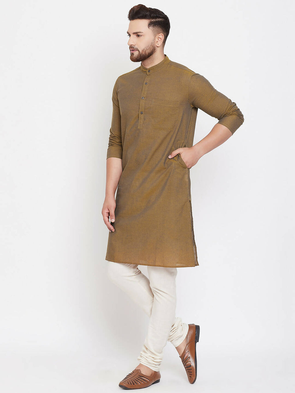 Even Apparels Brown Pure Cotton Men's Kurta With Band Collar