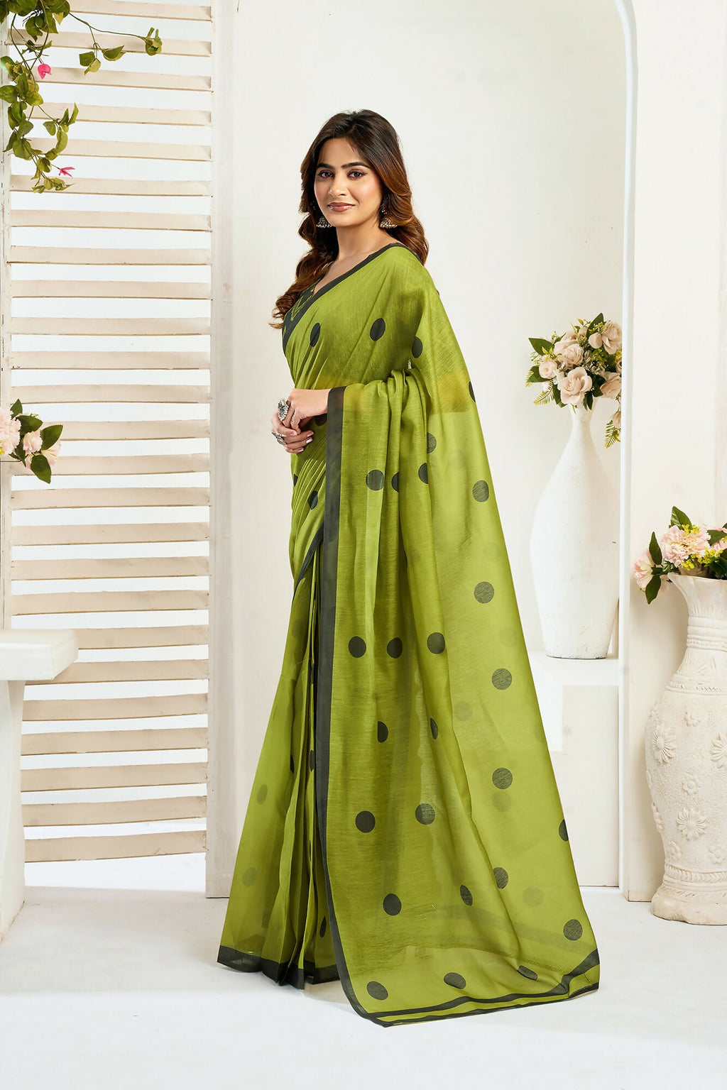 Vastranavya Olive Digital Printed Linen Ready To Wear Designer Saree with Unstitched Blouse