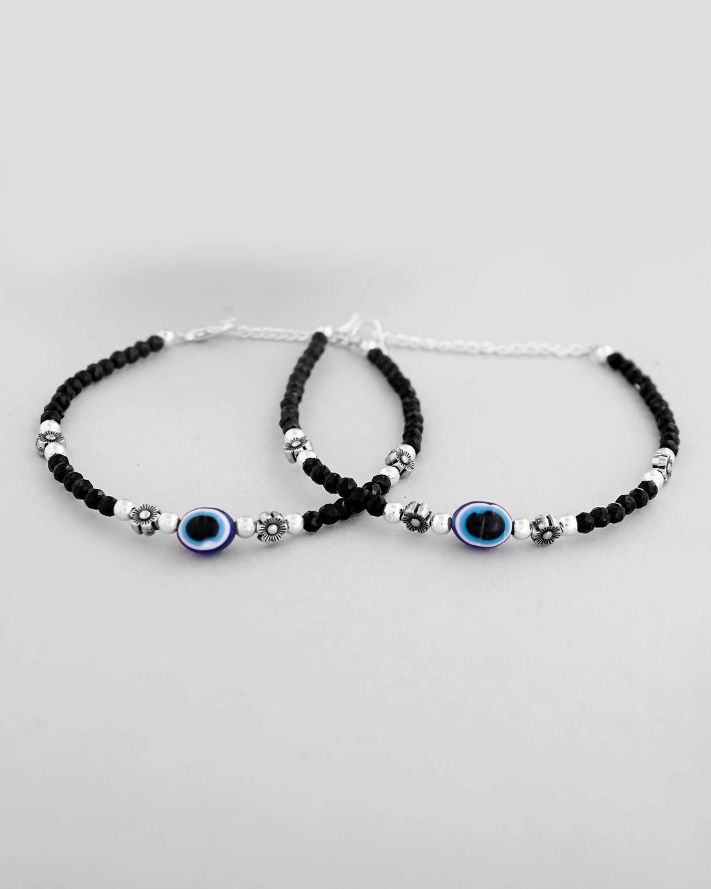 VOJ Set of 2 Evil Eye Black with Flower Shaped Beads Anklet