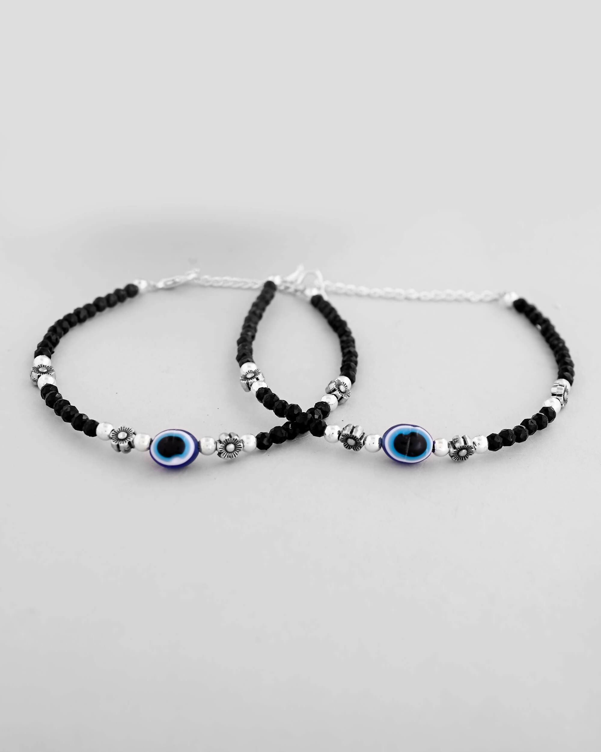 VOJ Set of 2 Evil Eye Black with Flower Shaped Beads Anklet