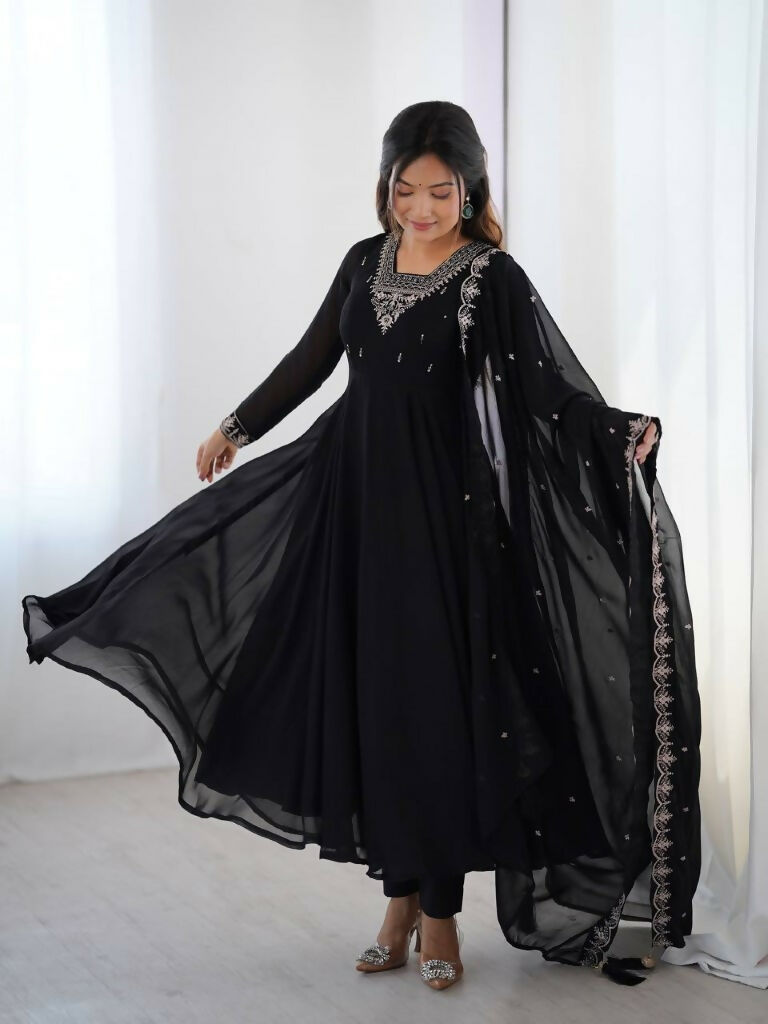 Teeya Creation Black Color Pure Soft Georgette Embroidery Work Gown