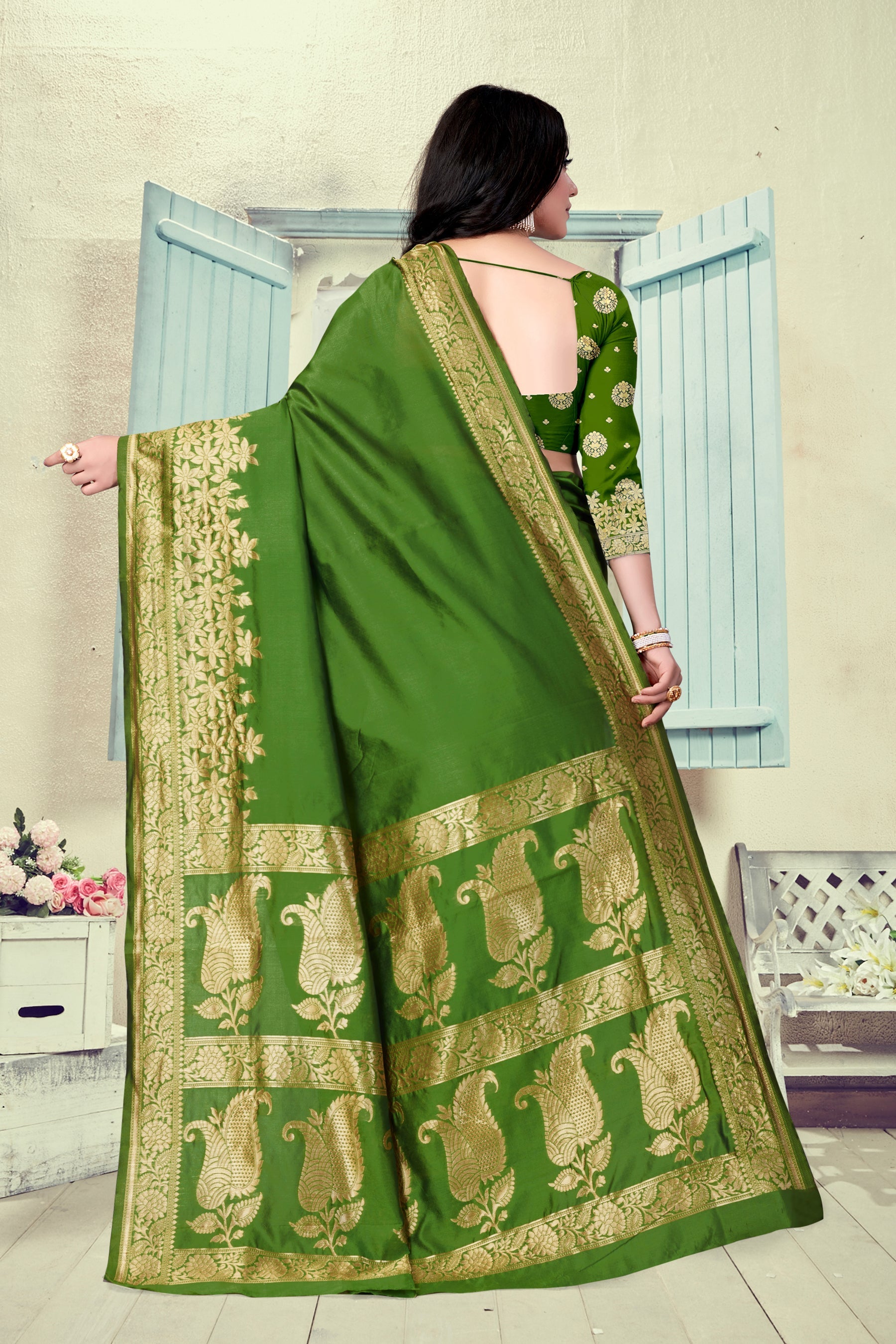 Vedant Vastram Litchi Silk Designer Banarasi Saree - Mehndi