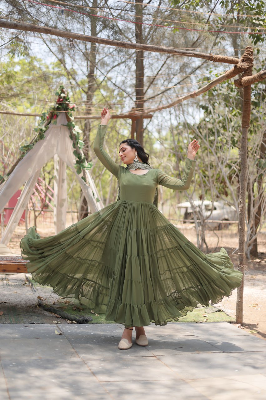 Evanik Mehendi Faux Blooming Gown With Dupatta With Rich Sequins Embroidered work