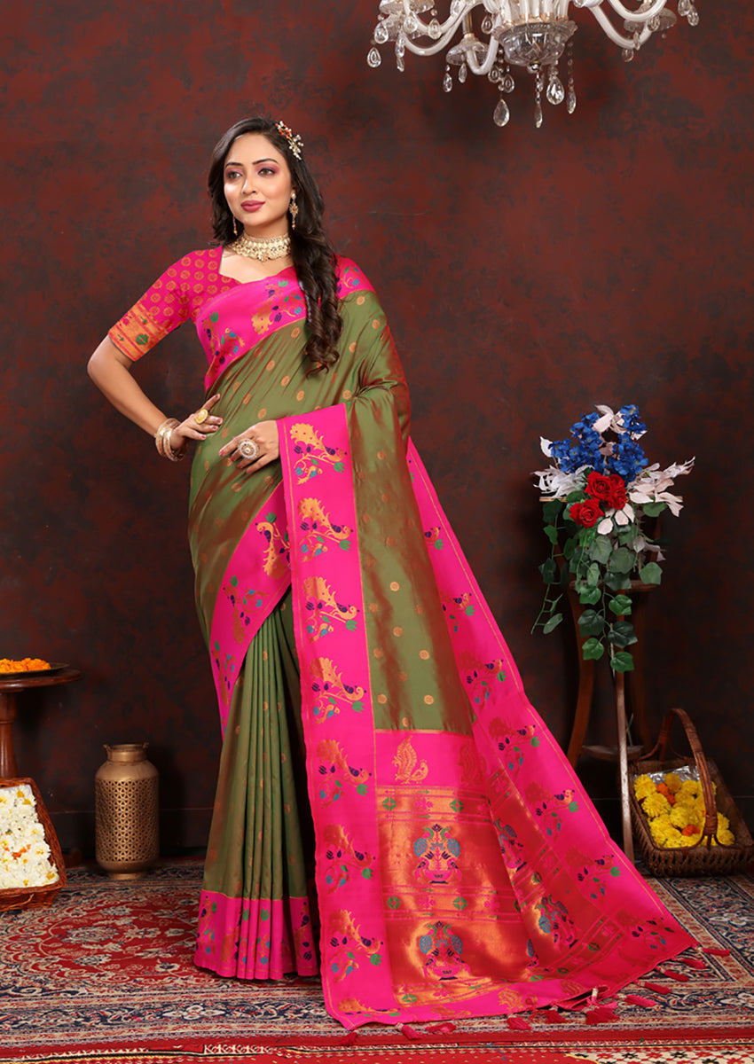 Lorenvalley Fashion Mahendi Soft Paithani Silk Woven Design Rich Zari Meenakari Weaving Saree