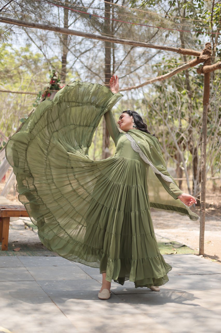 Evanik Mehendi Faux Blooming Gown With Dupatta With Rich Sequins Embroidered work