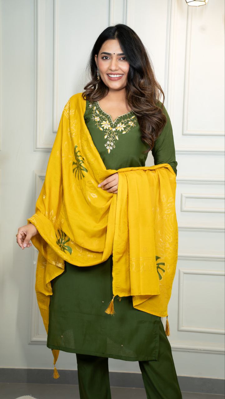 Lorenvalley Fashion Mahendi Roman Silk Hand Work Kurta Pant with Dupatta