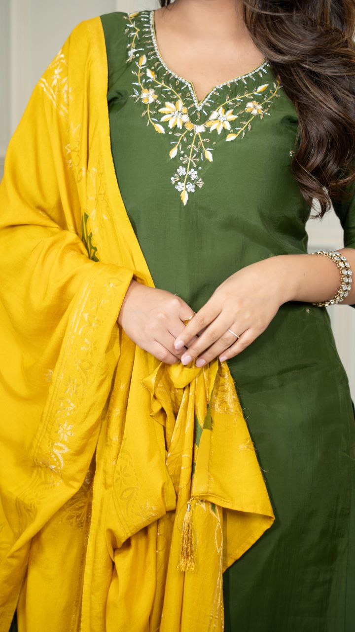 Lorenvalley Fashion Mahendi Roman Silk Hand Work Kurta Pant with Dupatta