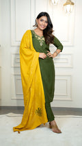 Lorenvalley Fashion Mahendi Roman Silk Hand Work Kurta Pant with Dupatta