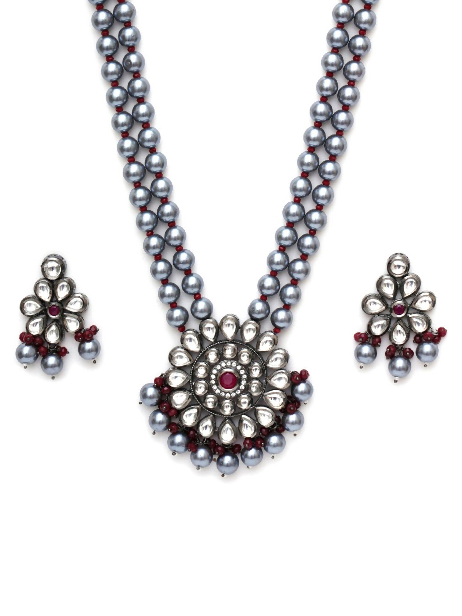 Long Kundan Neckpiece with Earrings with Multi Stones Jewellery Set (Grey) - Ruby Raang