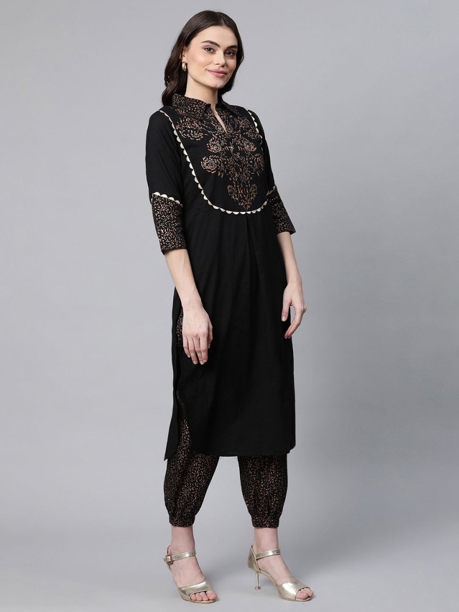 Ahalyaa Women Black Colour Pure Cotton Printed Kurta Pant Set