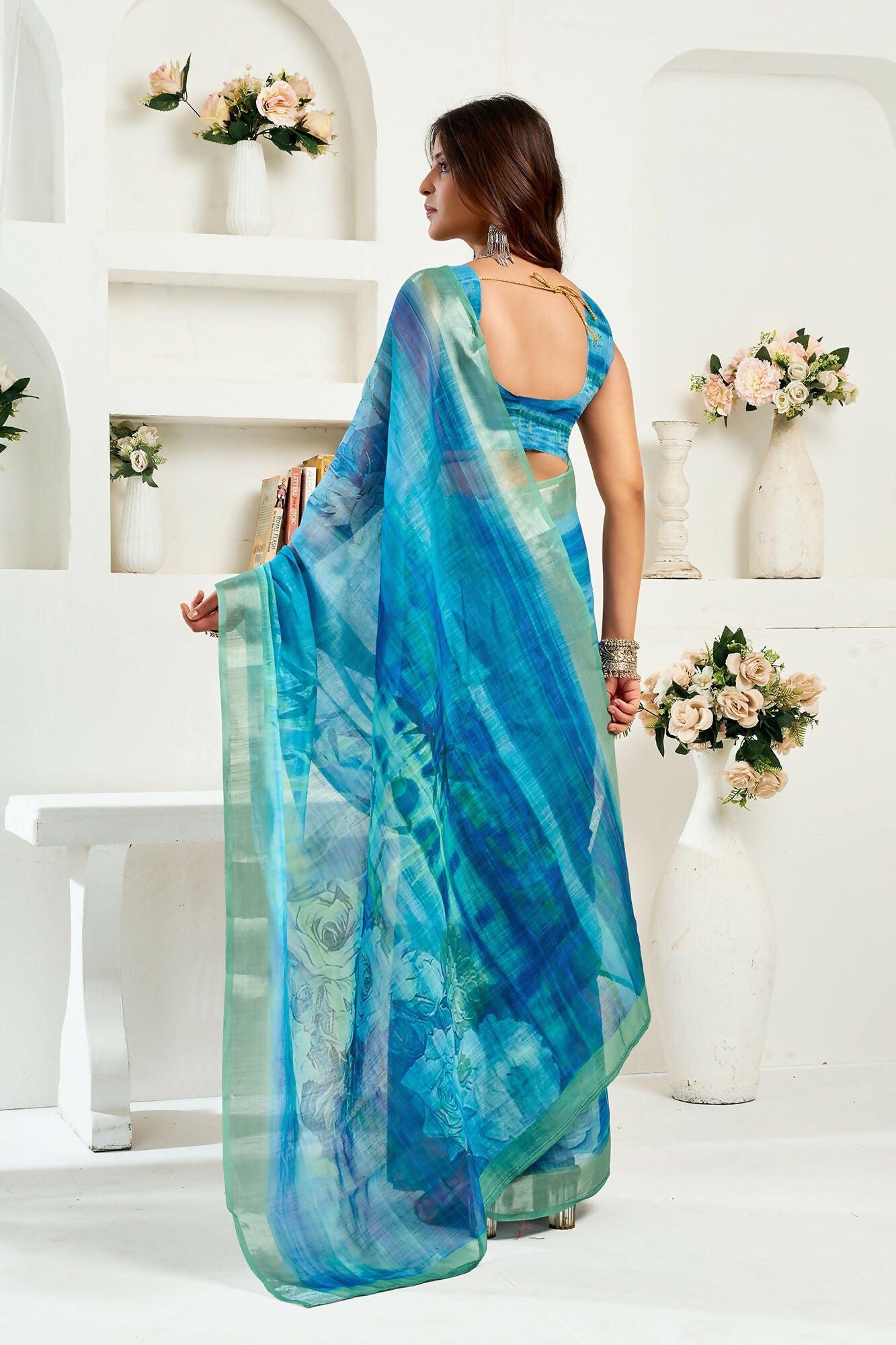 Vastranavya Aqua Blue Digital Printed Linen Ready To Wear Designer Saree with Unstitched Blouse