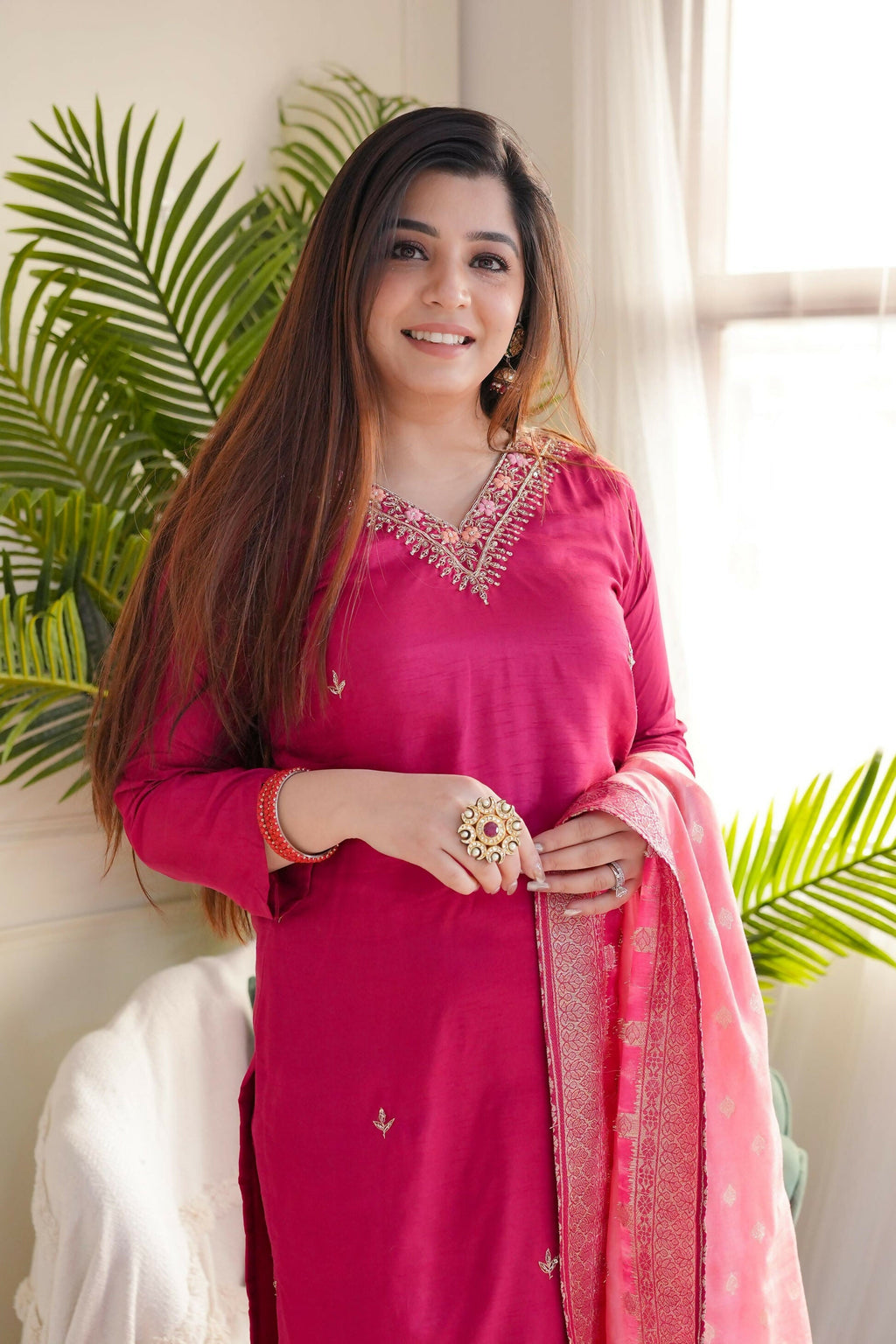 The52 Pink Women's Gorgeous Embroidered Vichitra Fabric Straight Kurta Pant with Dupatta Set