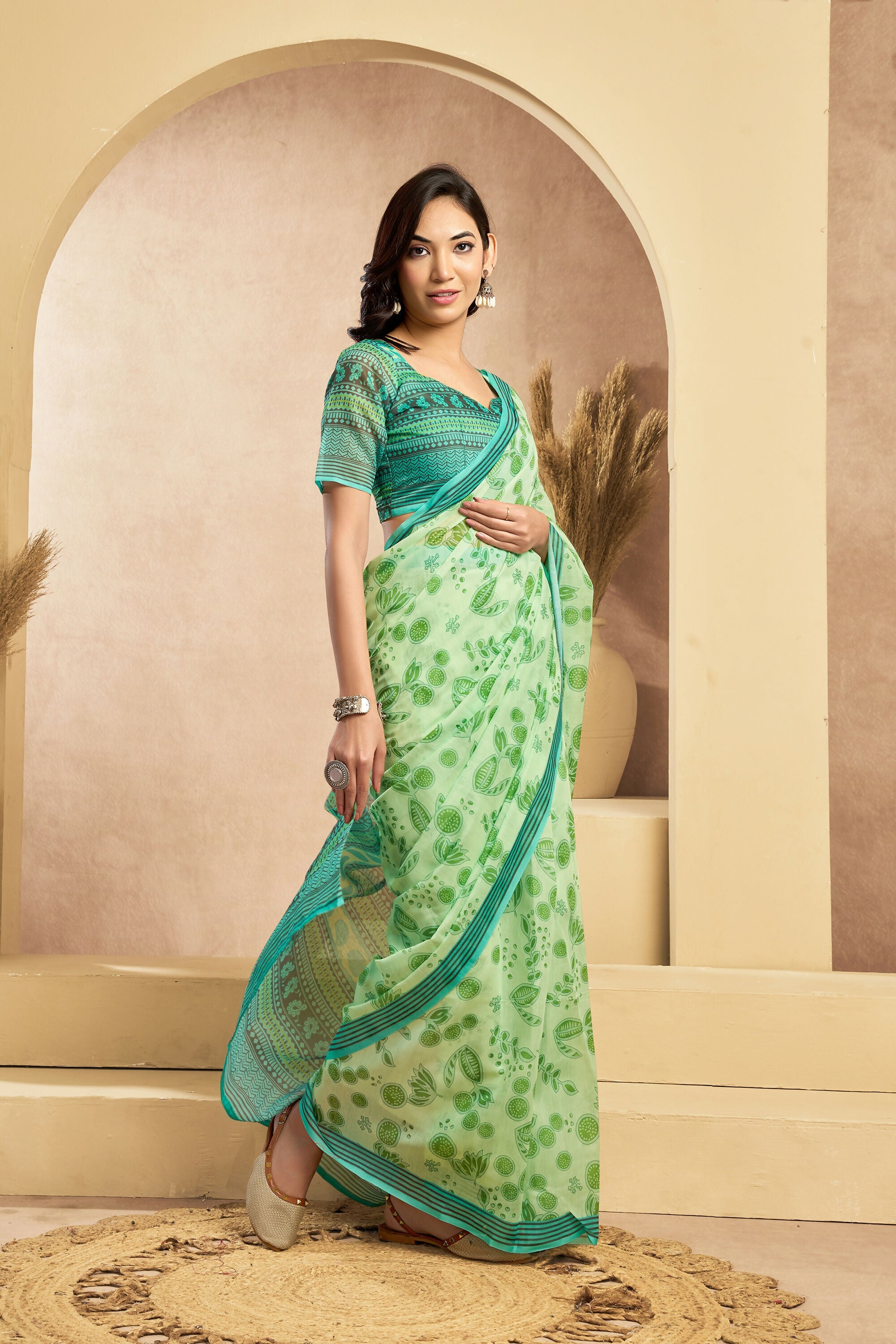 Vastranavya Mint Green Digital Printed Linen Ready To Wear Designer Saree with Unstitched Blouse