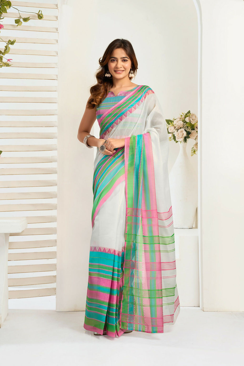 Vastranavya Multicolor Digital Printed Linen Ready To Wear Designer Saree with Unstitched Blouse