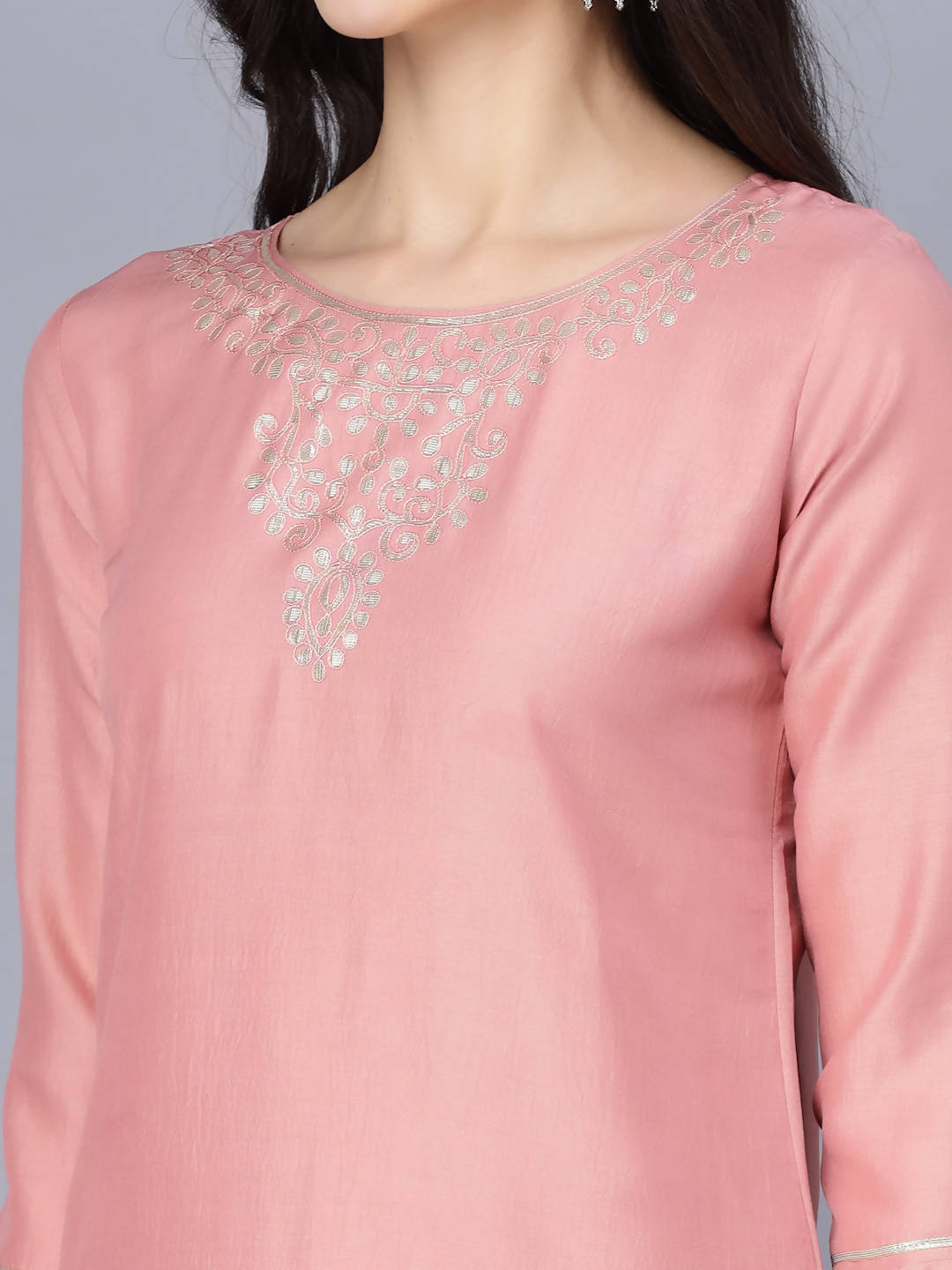 Myshka Women Peach-Coloured Layered Kurta with Trousers With Dupatta