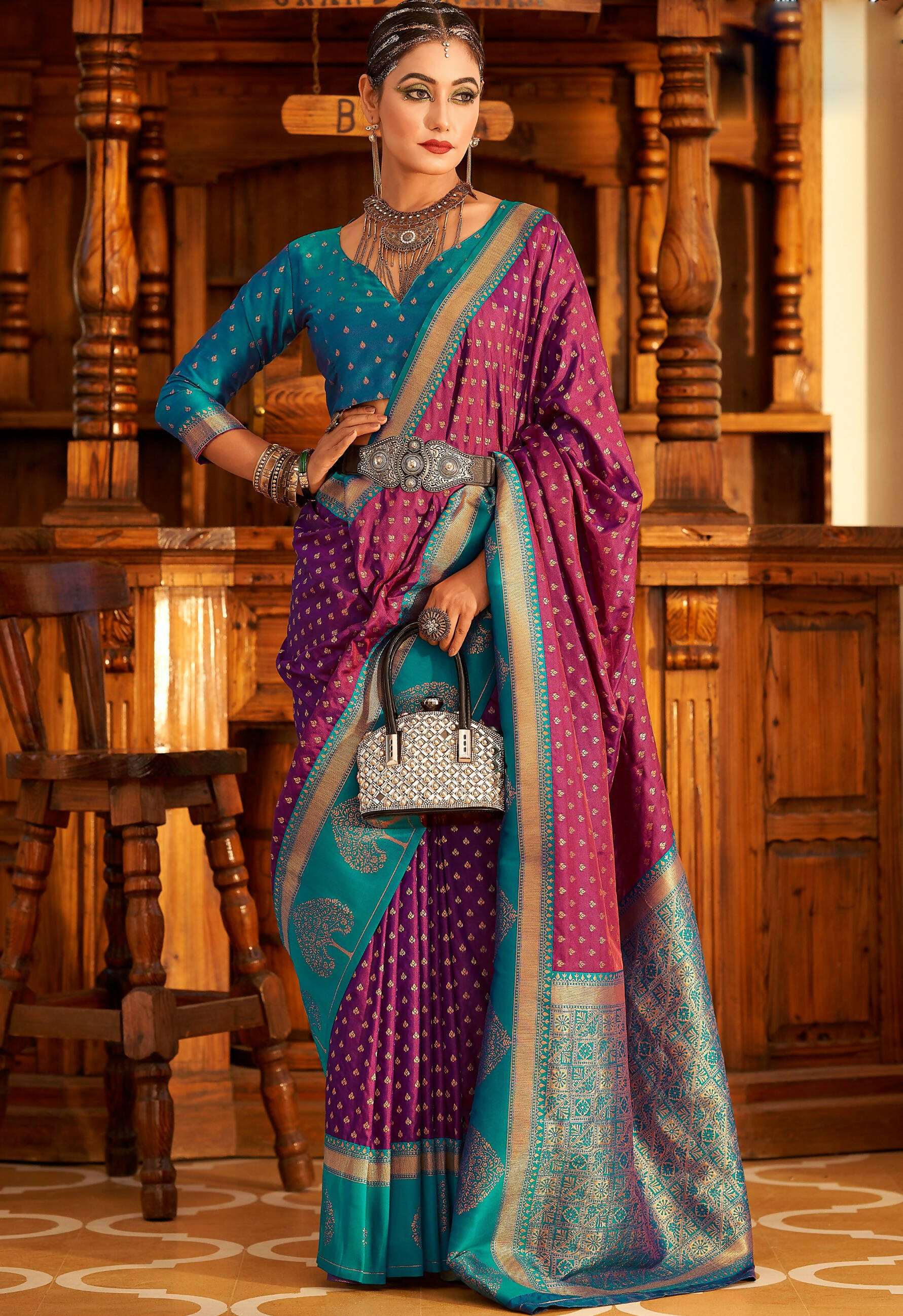 Purple Soft Banarasi Paithani Copper Zari Weaving Saree With Unstitched Blouse Piece - Jodha