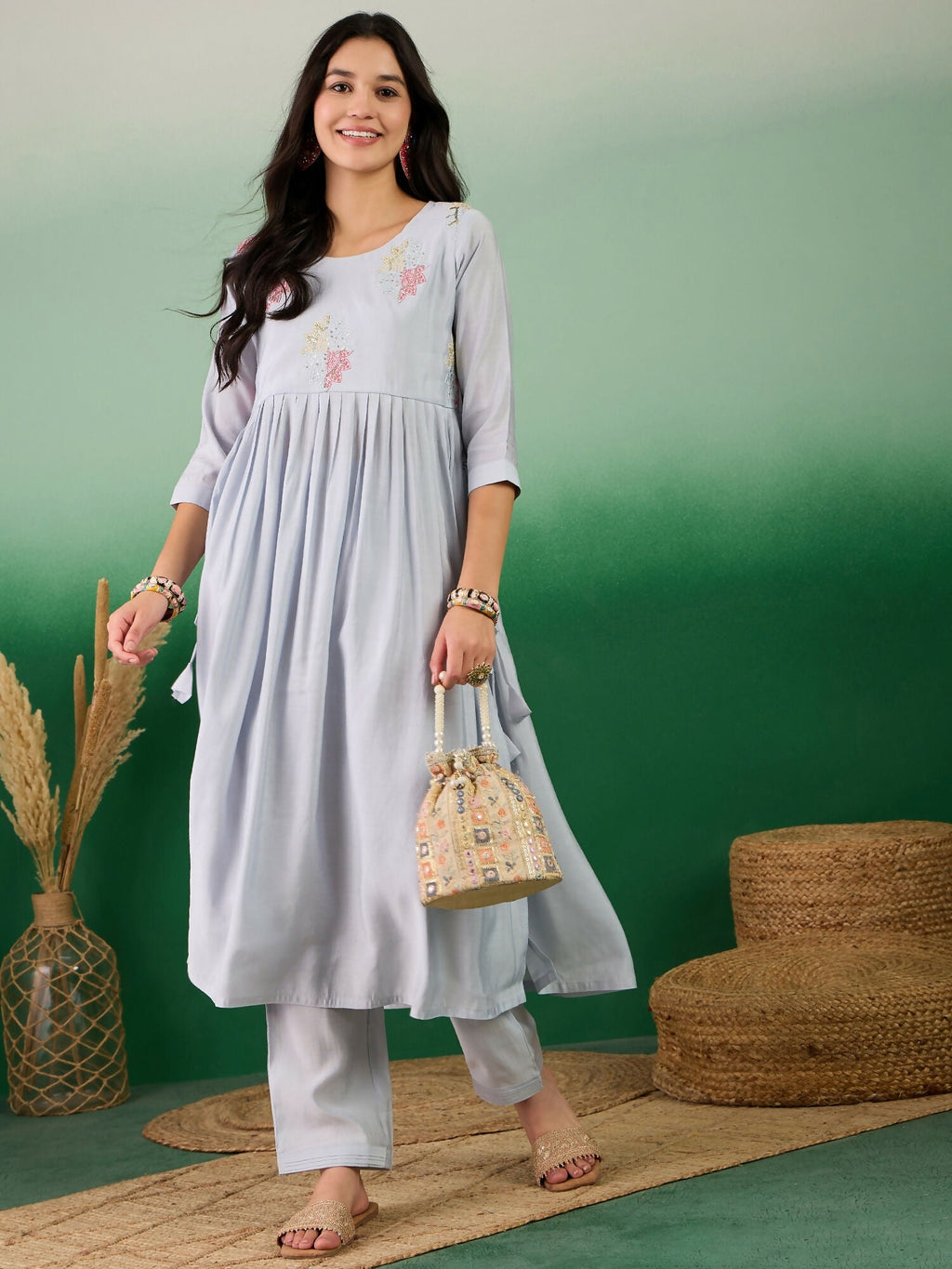 Blue Embroidered Muslin Kurta and Trouser - Berlin