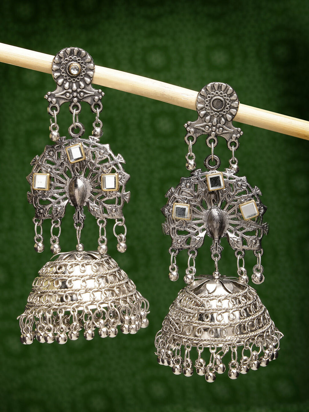 NVR Women's Silver Plated Mirror Work Oxidised Contemporary Jhumka Earrings