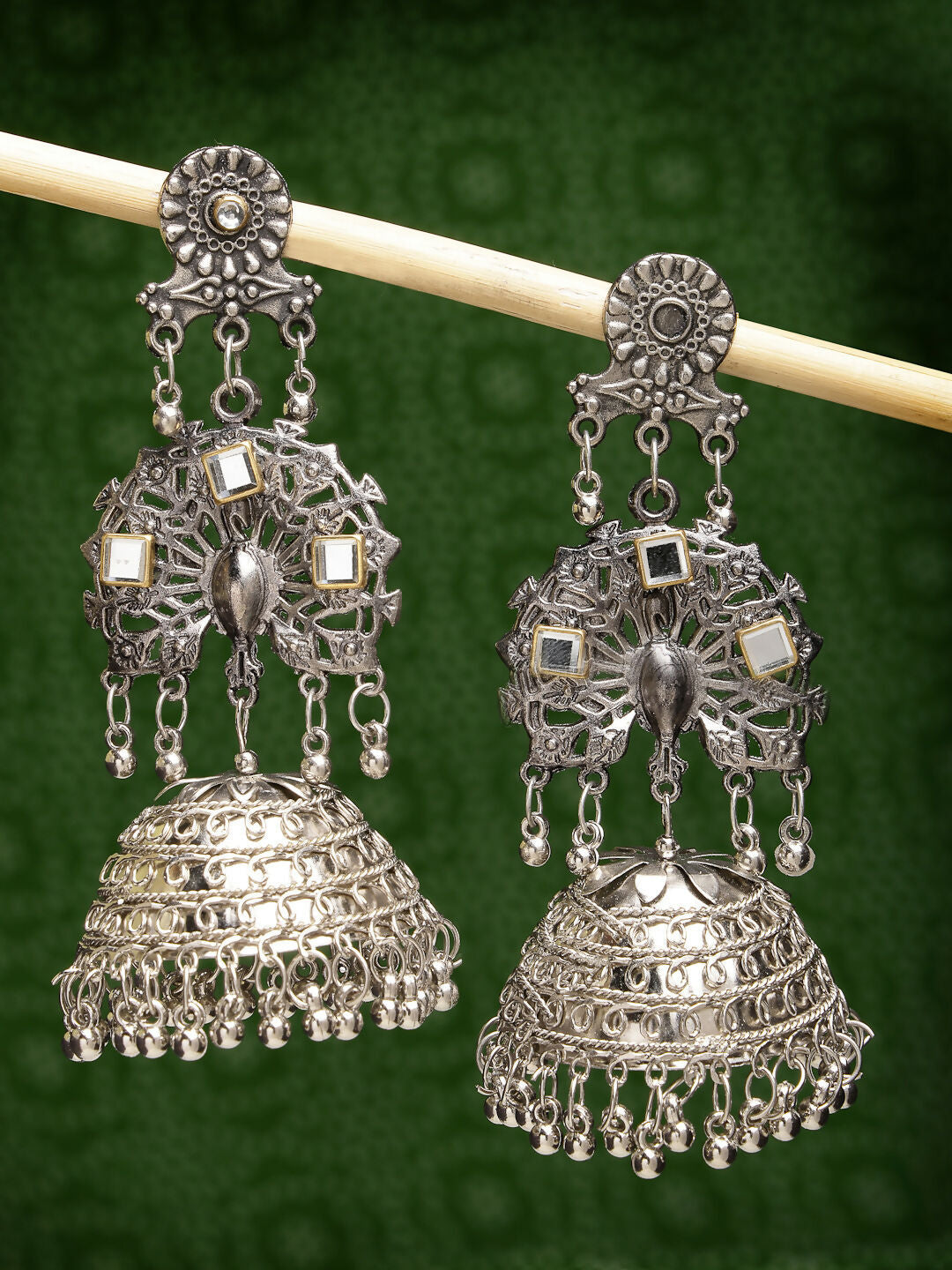 NVR Women's Silver Plated Mirror Work Oxidised Contemporary Jhumka Earrings
