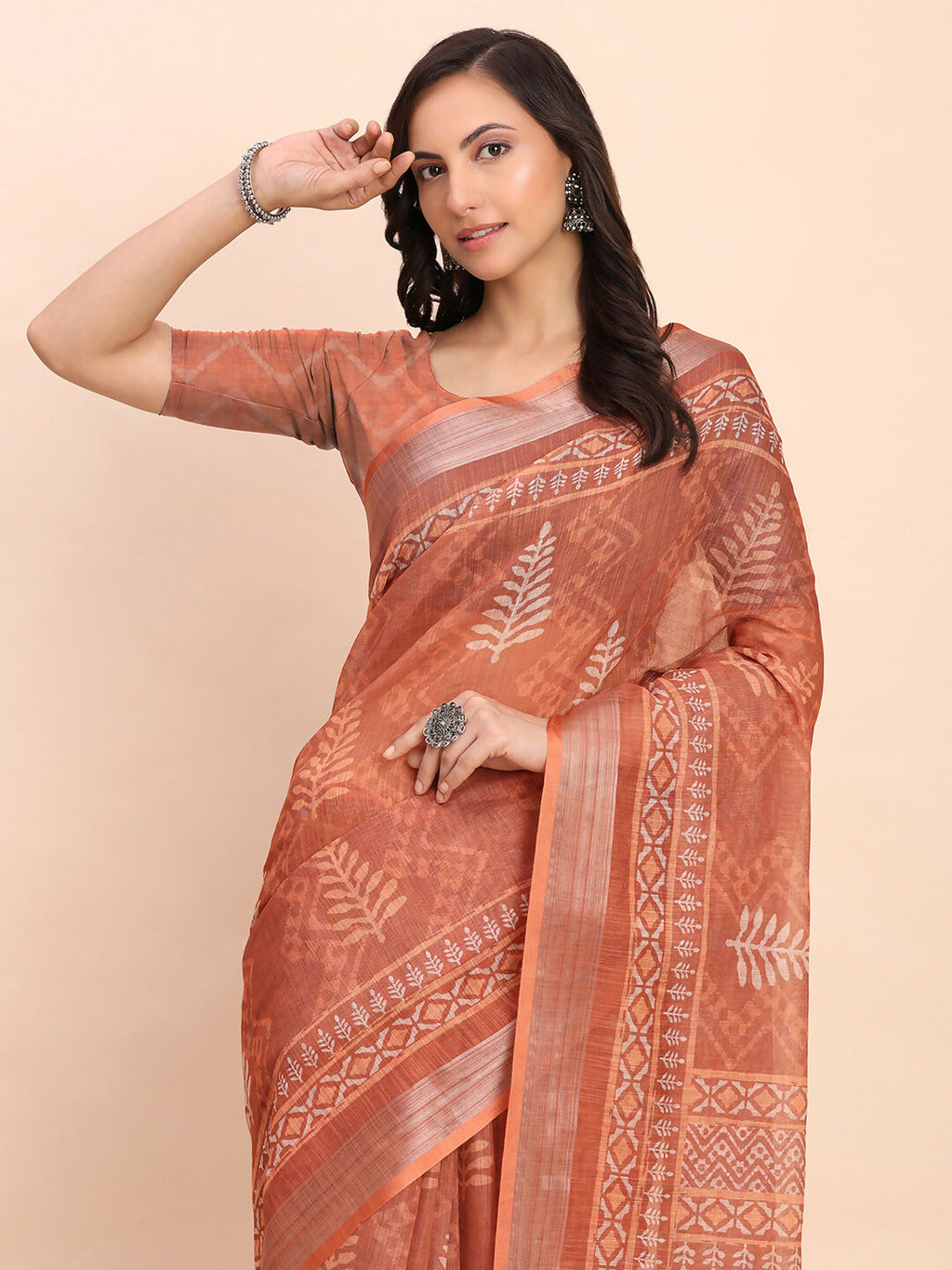 Shree Shyam Fashion Linen Cotton Rust Saree