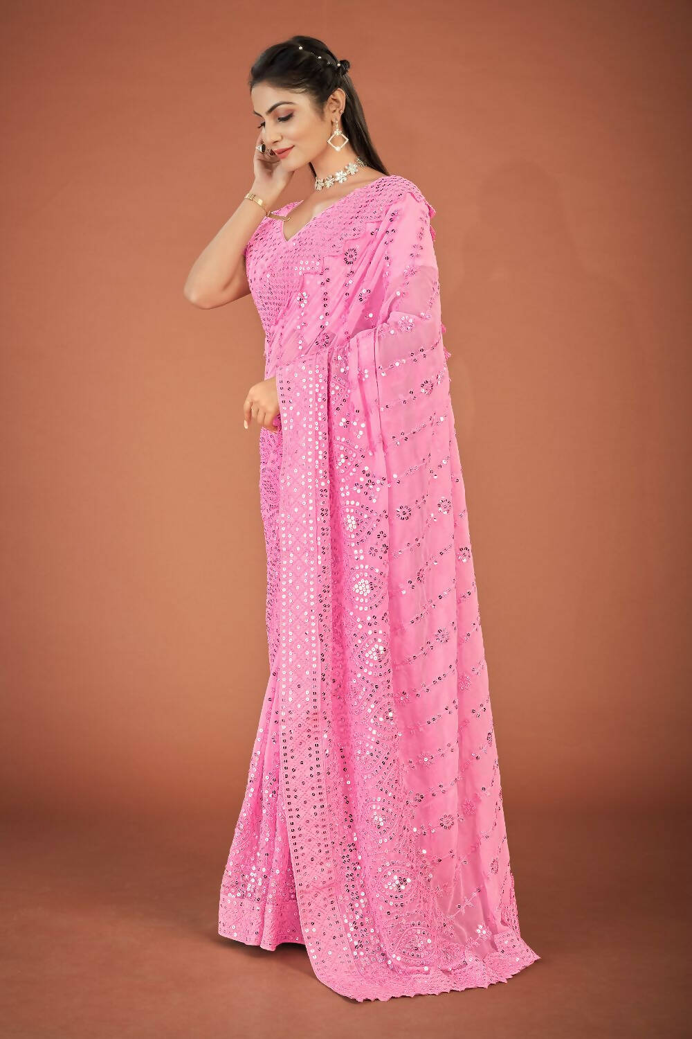 Vamsee Pink Georgette Designer Saree
