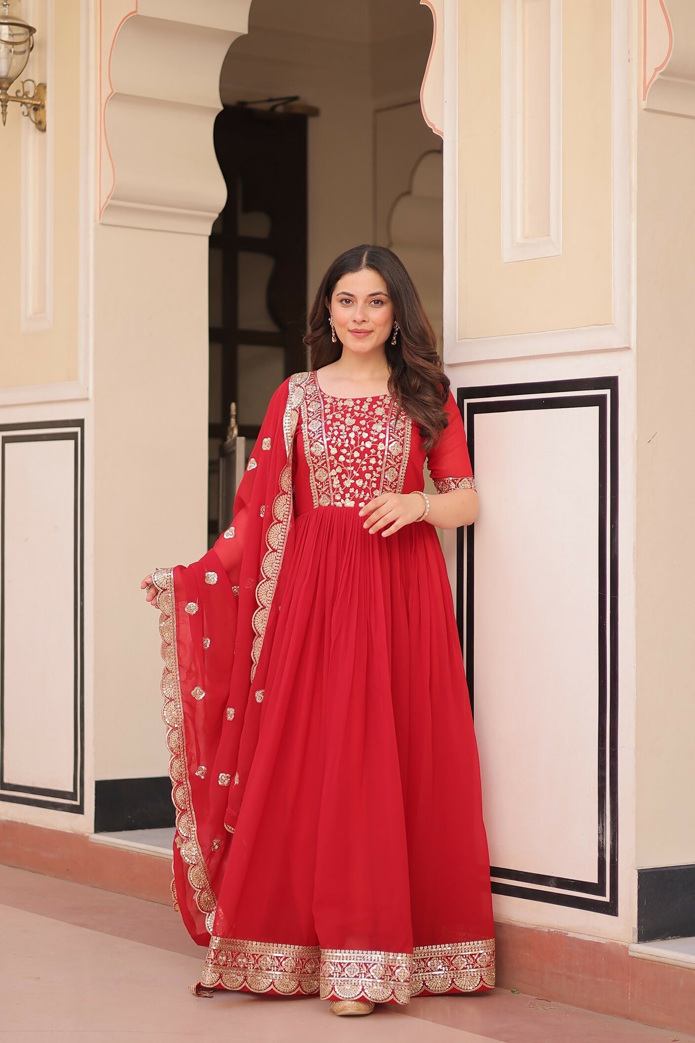 Joban Fashion Red Georgette Sequence Embroidery Work Kurta Set
