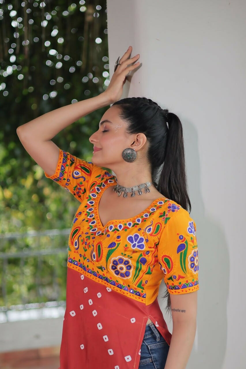 Vastranavya Yellow Navratri Special Kutchi Gamthi Work with Printed Kurti
