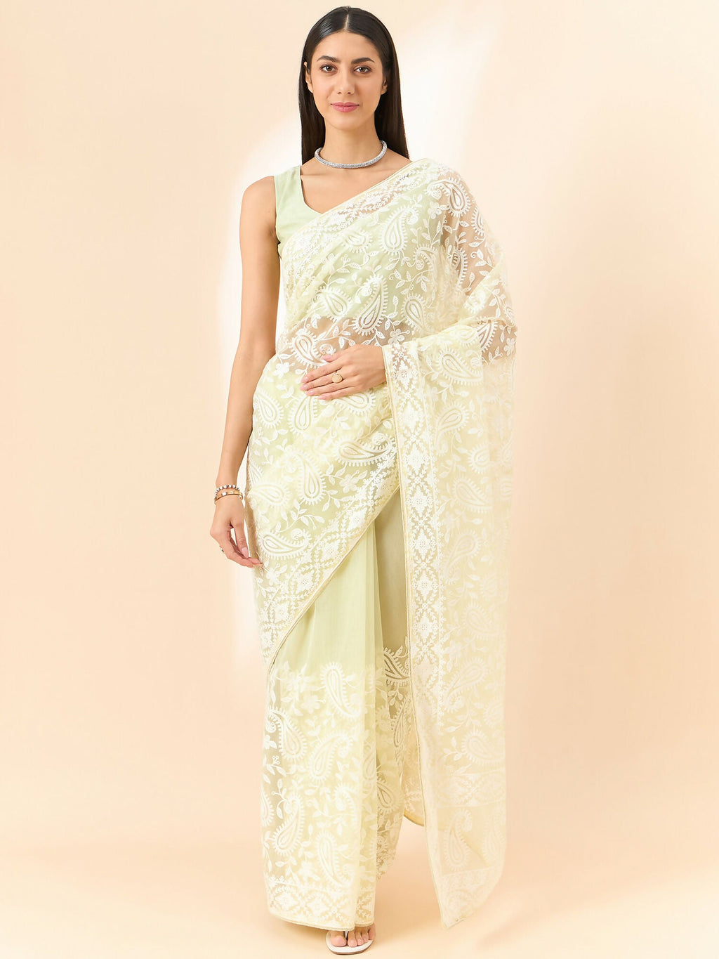 Yellow Organza Paisely Embroidered Saree with Unstitched Blouse Piece - Roozal