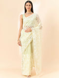 Yellow Organza Paisely Embroidered Saree with Unstitched Blouse Piece - Roozal