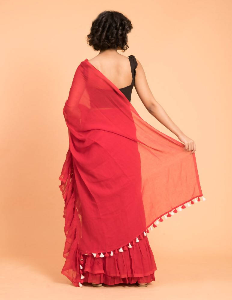 Suta Red Pure Cotton Solid Ruffle Saree