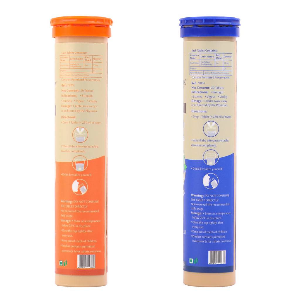 Upakarma Ayurveda Pure SJ Effervescent Tablets in 2 Unique Flavors (Orange & Blueberry) Combo